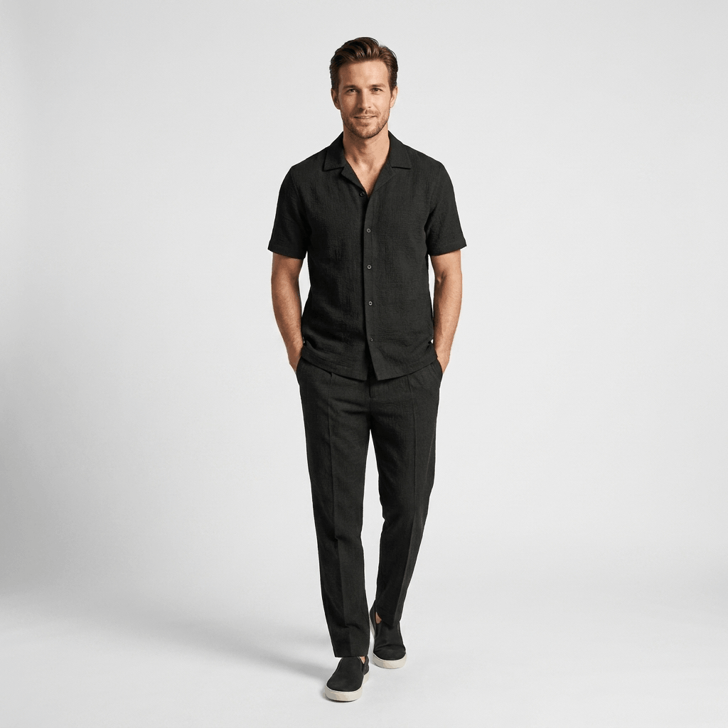 Alaric Textured Summer Two-Piece Set – Open Collar Shirt & Relaxed Trousers