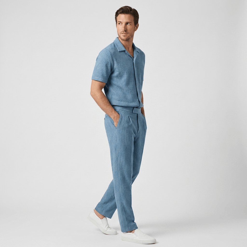 Alaric Textured Summer Two-Piece Set – Open Collar Shirt & Relaxed Trousers