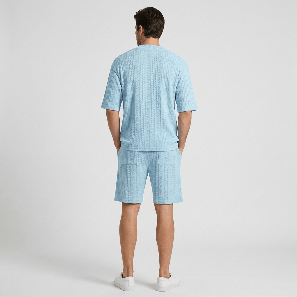 Redmond Textured Knit Two-Piece Set – V-Neck Tee & Drawstring Shorts