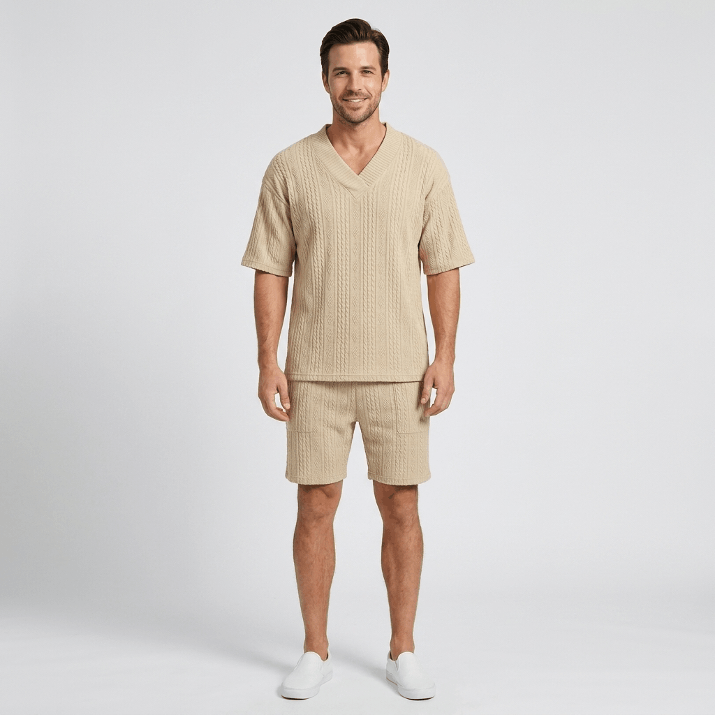 Redmond Textured Knit Two-Piece Set – V-Neck Tee & Drawstring Shorts