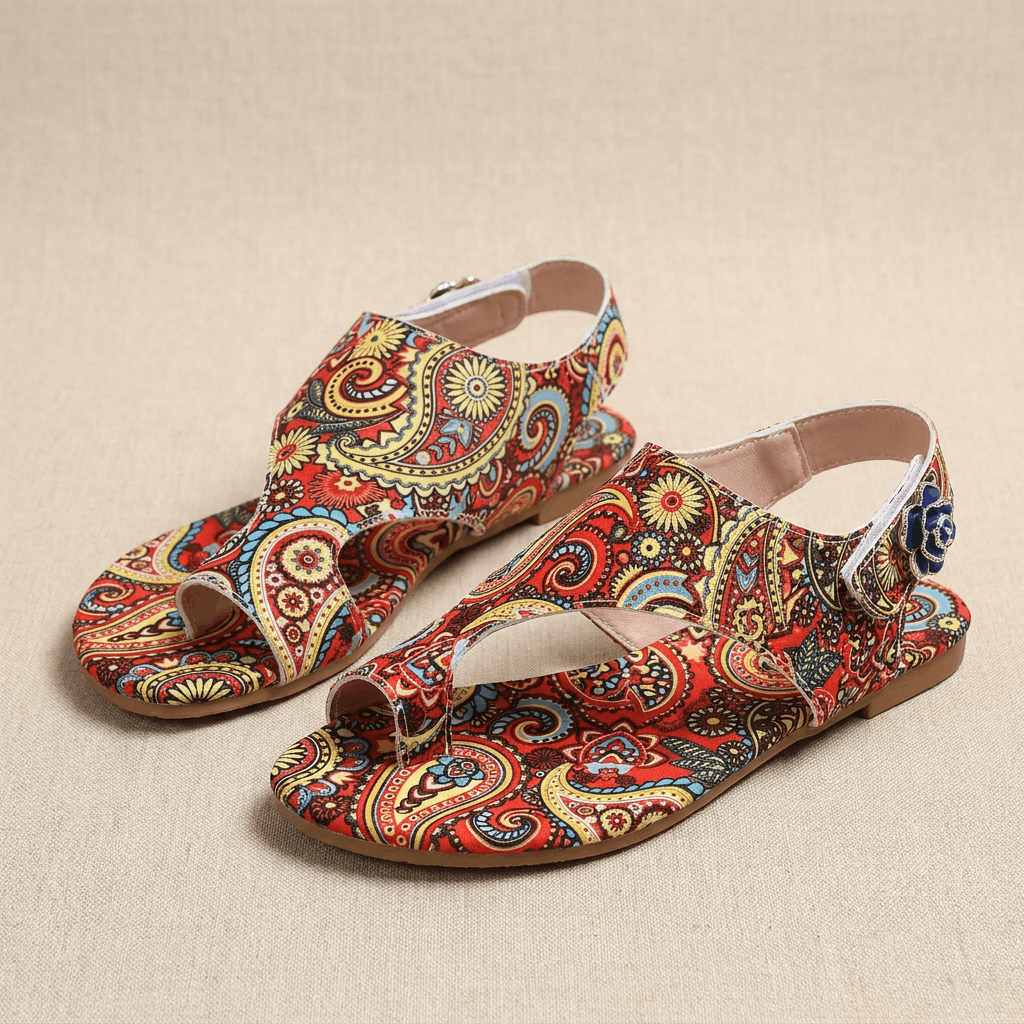 Seraphina Bohemian Slingback Flats – Paisley Open-Toe Summer Sandals