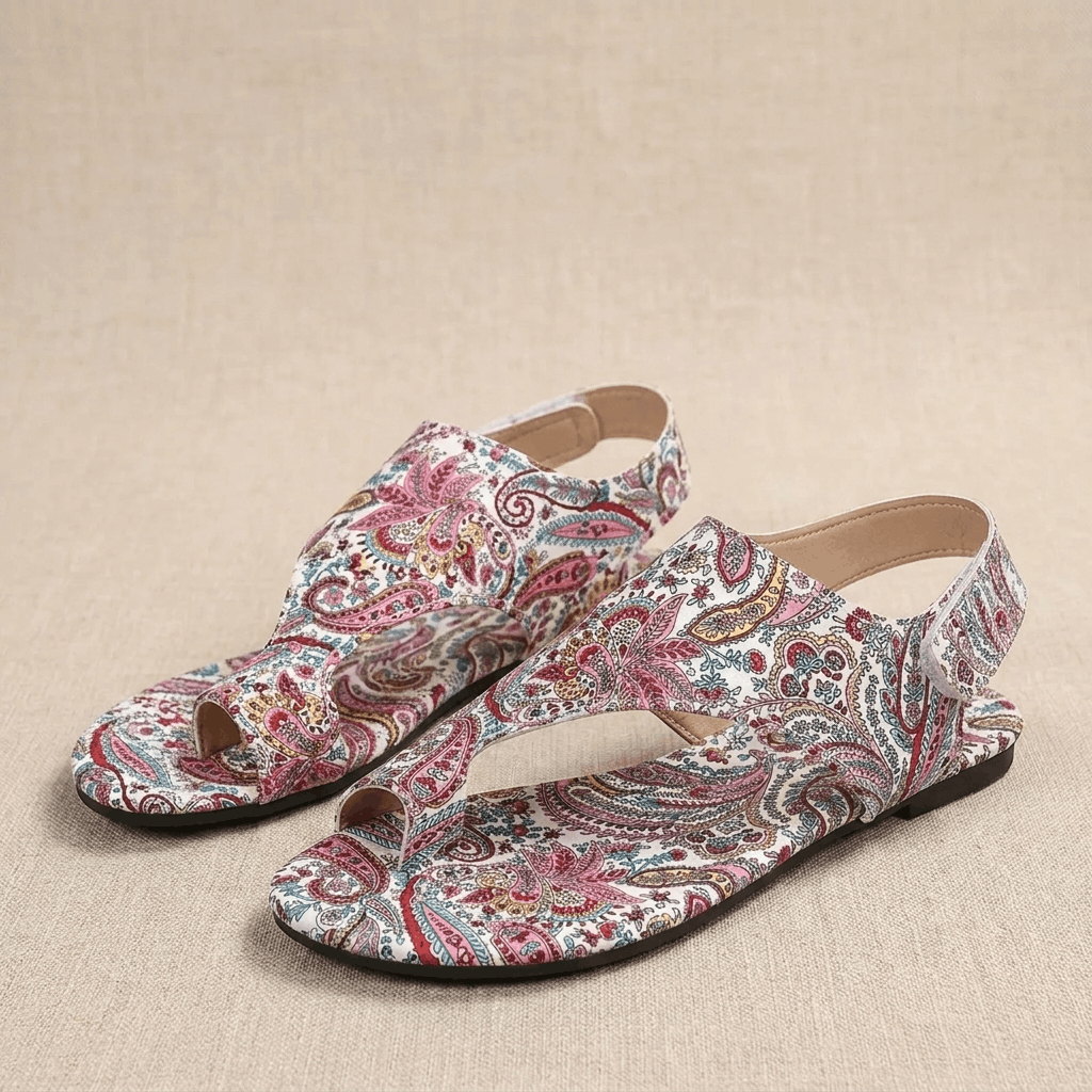 Seraphina Bohemian Slingback Flats – Paisley Open-Toe Summer Sandals