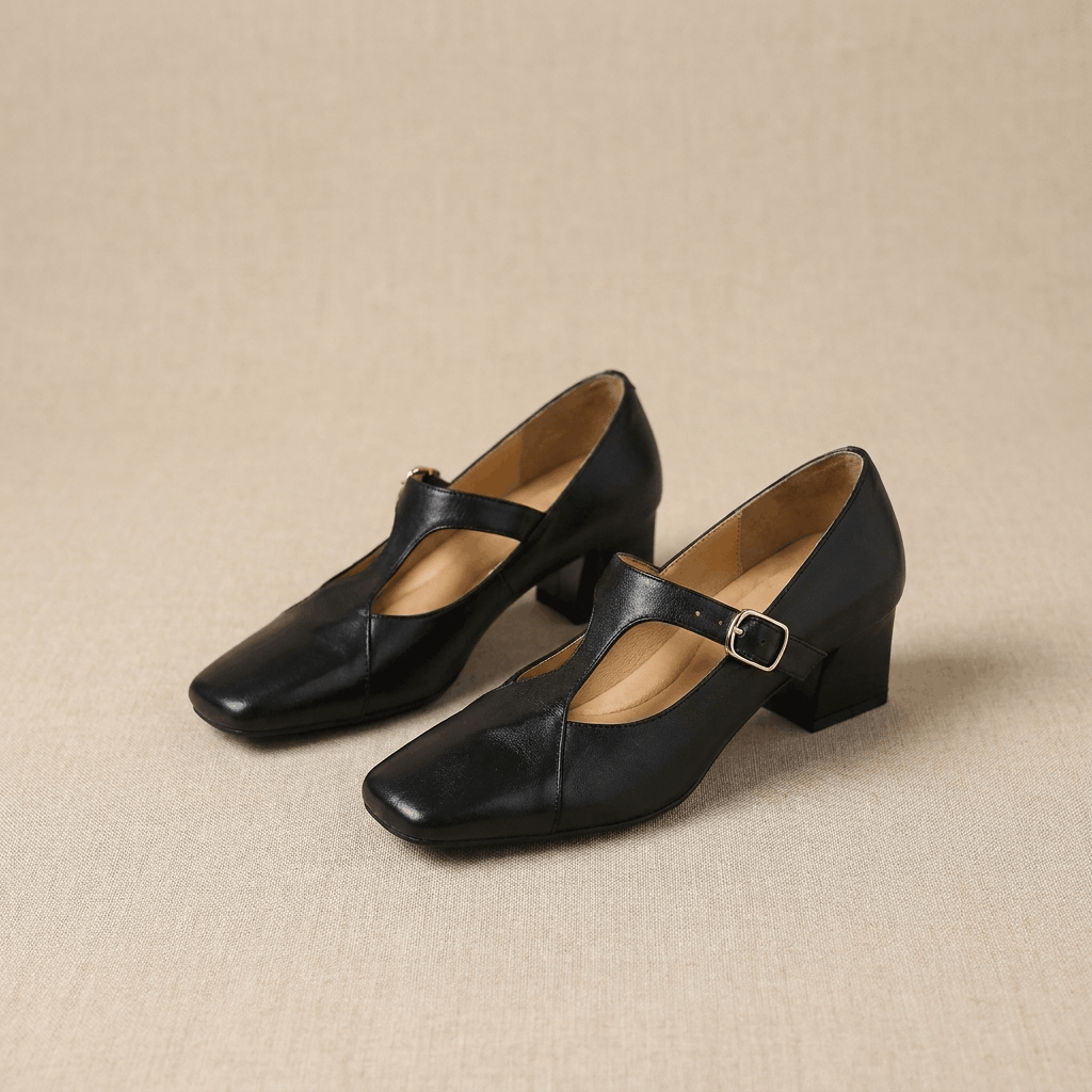 Viola Leather Mary Jane Heels – Square Toe Block Heel Pumps