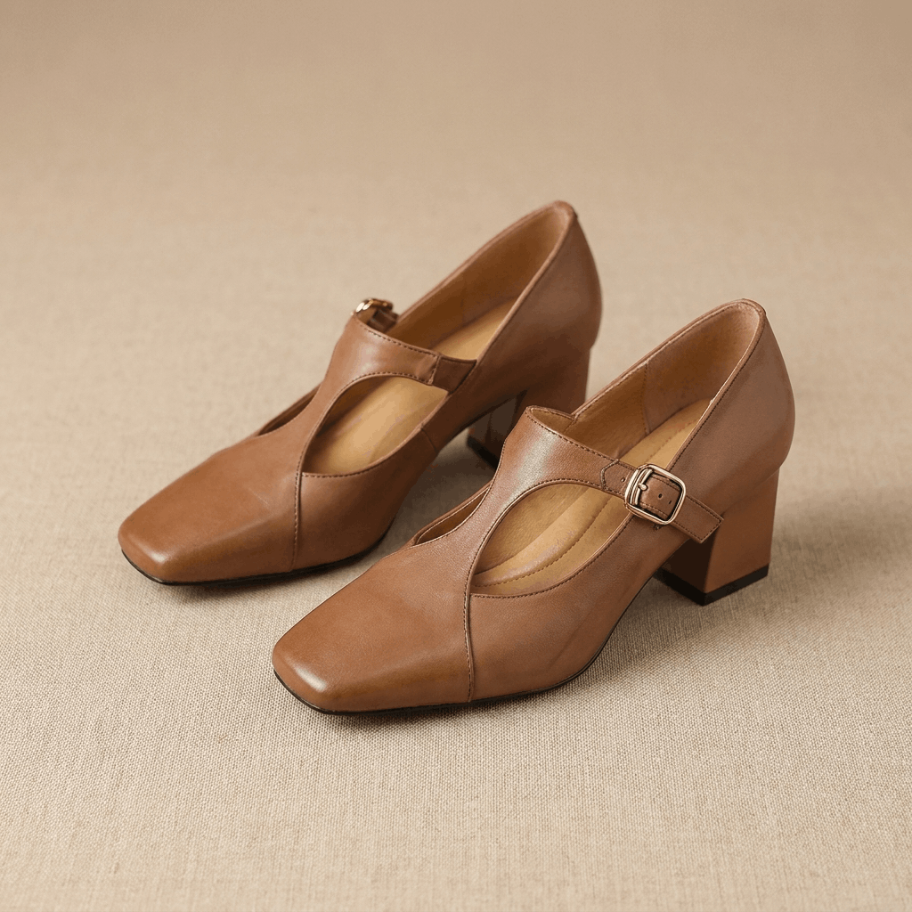 Viola Leather Mary Jane Heels – Square Toe Block Heel Pumps