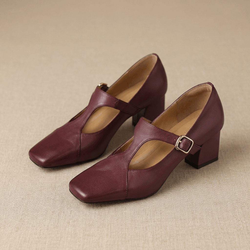Viola Leather Mary Jane Heels – Square Toe Block Heel Pumps