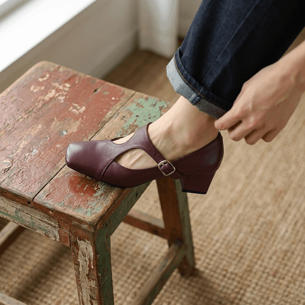 Viola Leather Mary Jane Heels – Square Toe Block Heel Pumps