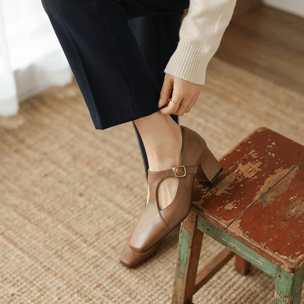 Viola Leather Mary Jane Heels – Square Toe Block Heel Pumps