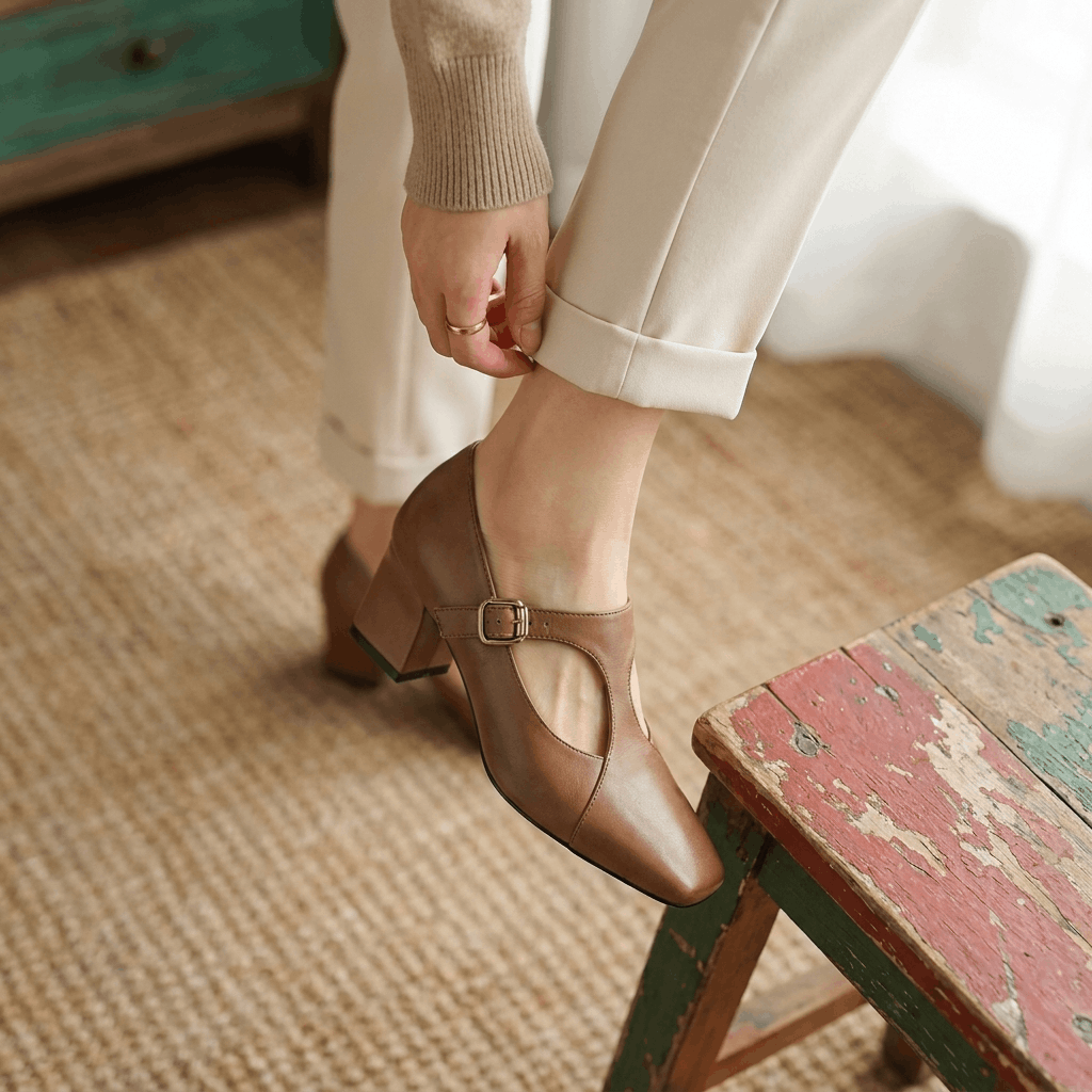 Viola Leather Mary Jane Heels – Square Toe Block Heel Pumps