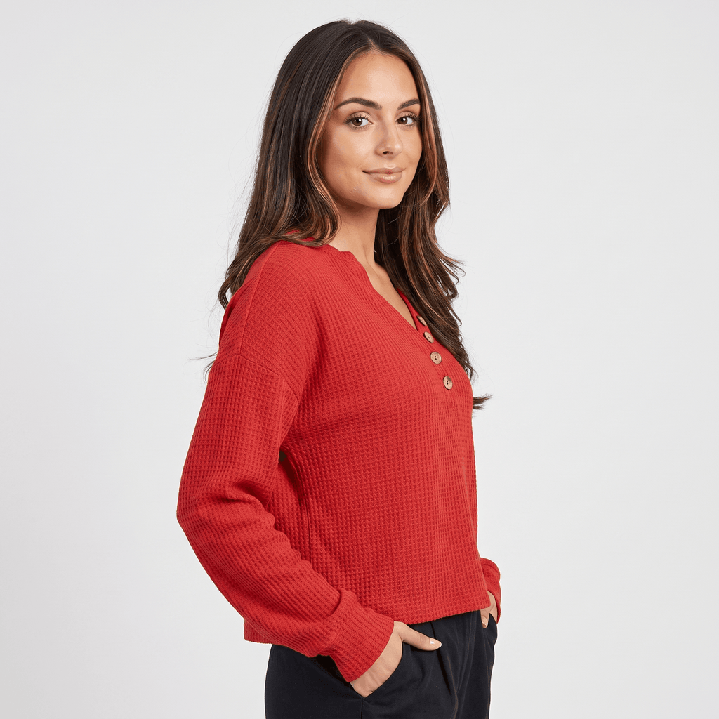 Aveline Waffle Knit Sweater – V-Neck Henley Pullover