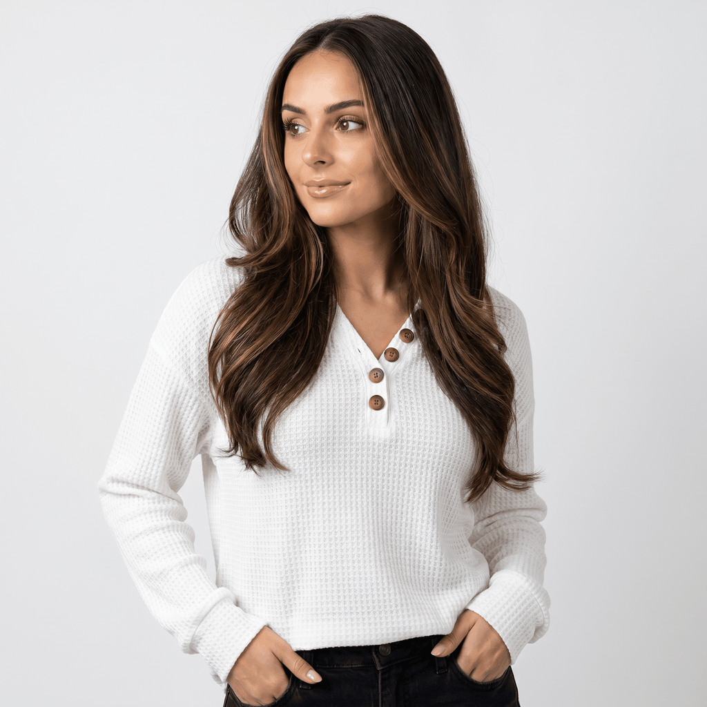 Aveline Waffle Knit Sweater – V-Neck Henley Pullover