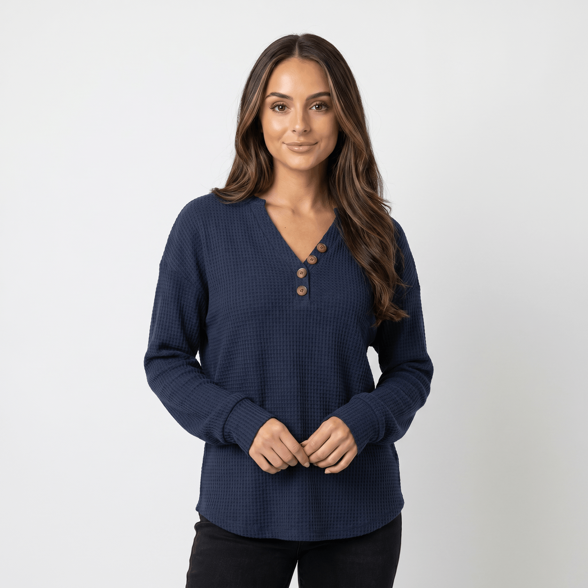Aveline Waffle Knit Sweater – V-Neck Henley Pullover