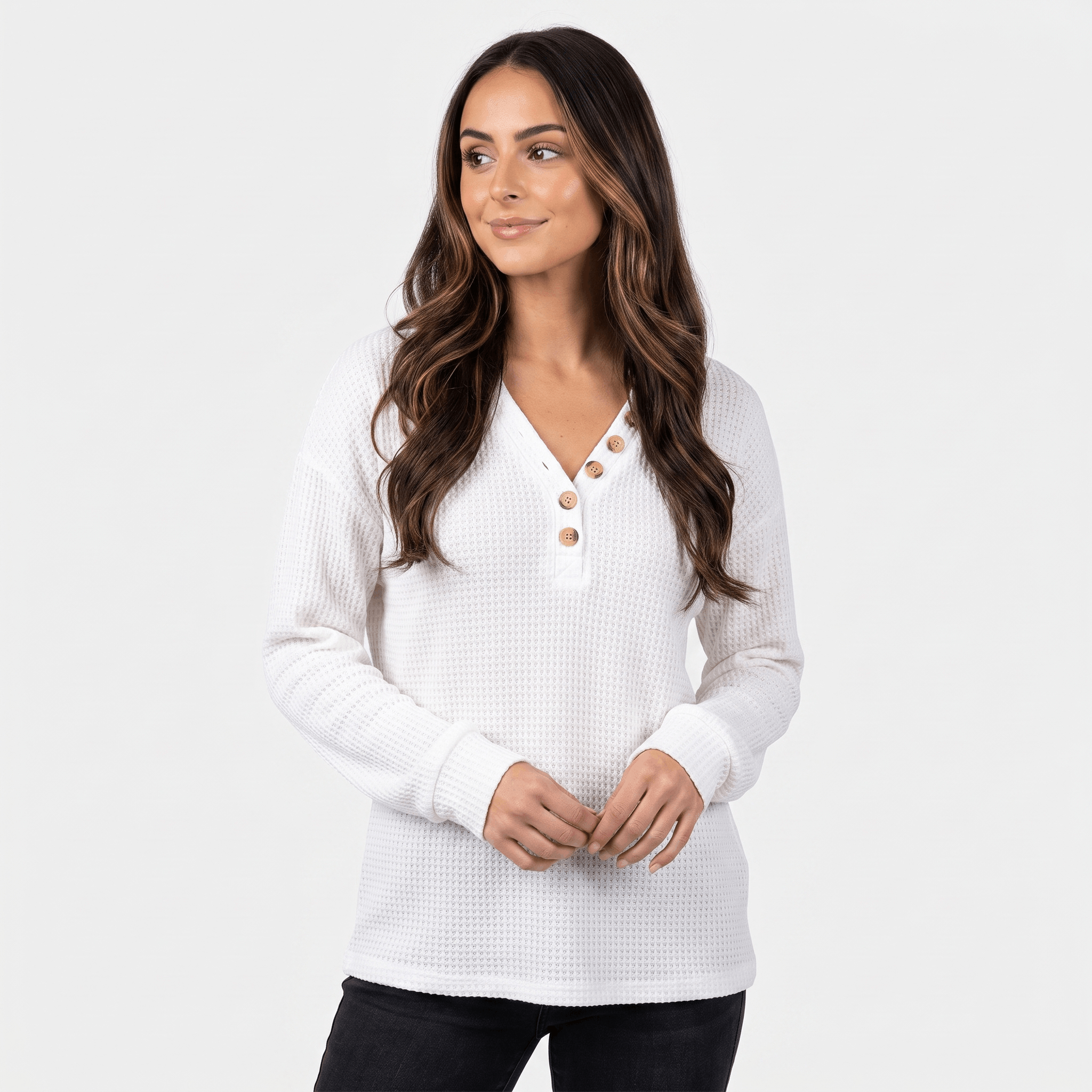 Aveline Waffle Knit Sweater – V-Neck Henley Pullover