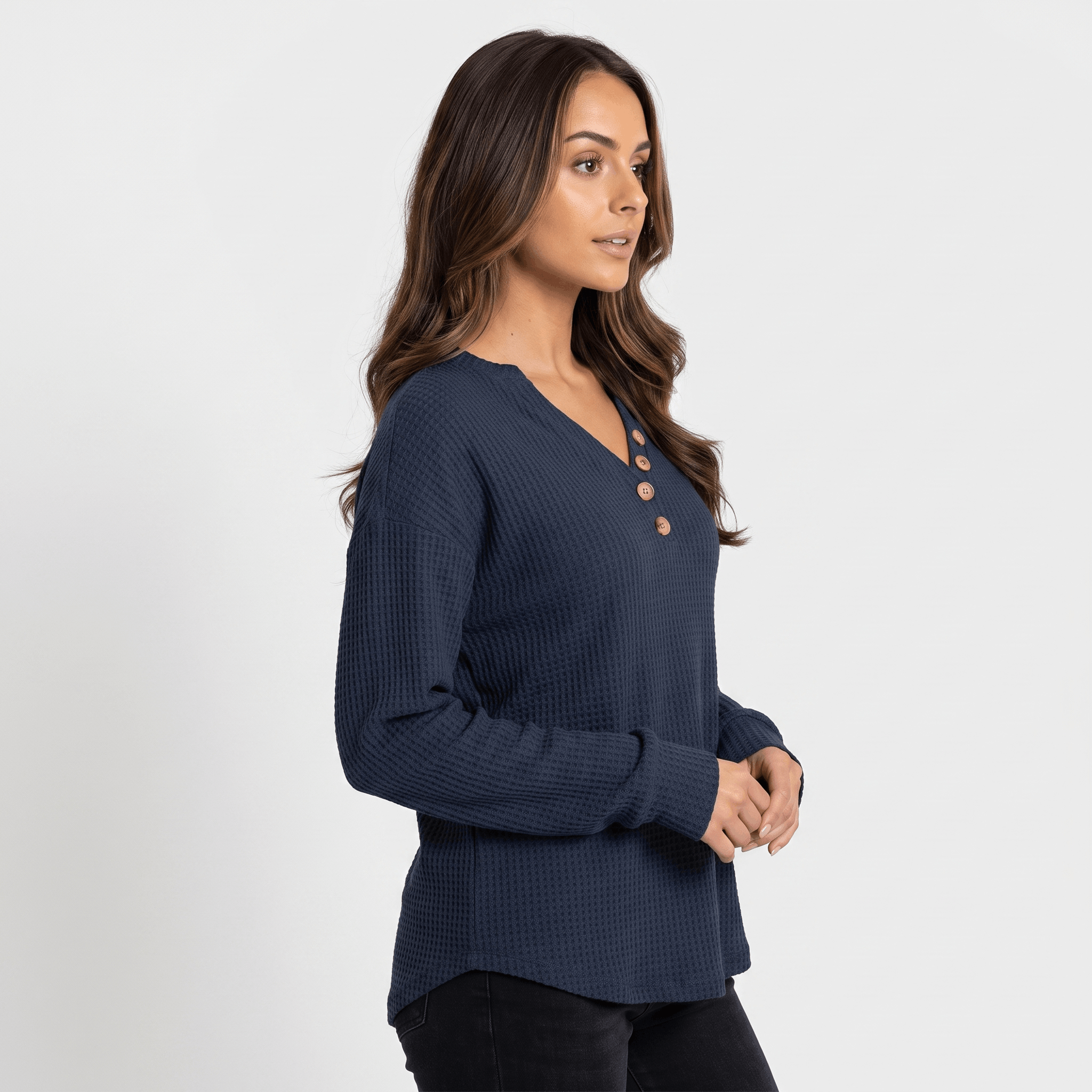 Aveline Waffle Knit Sweater – V-Neck Henley Pullover