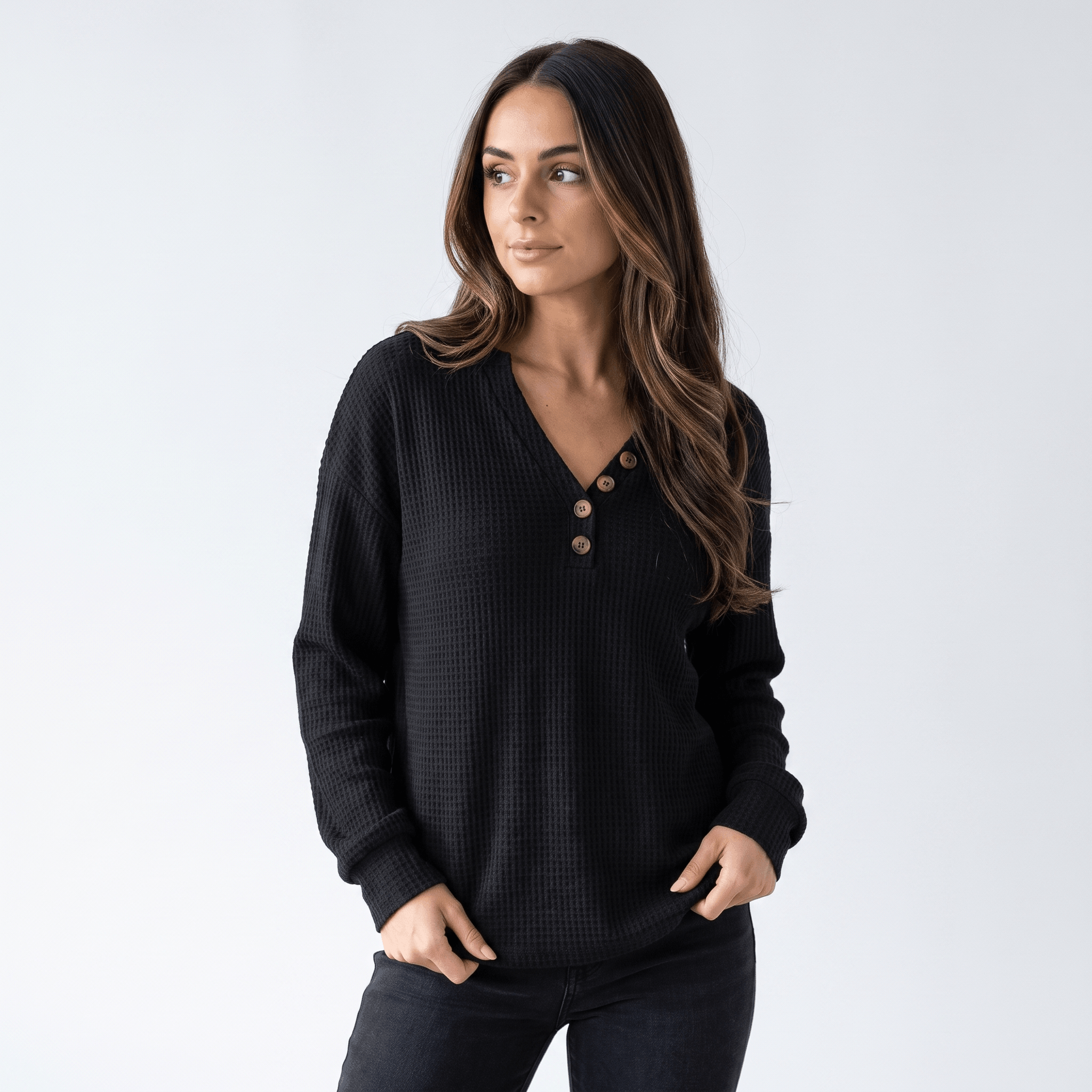 Aveline Waffle Knit Sweater – V-Neck Henley Pullover