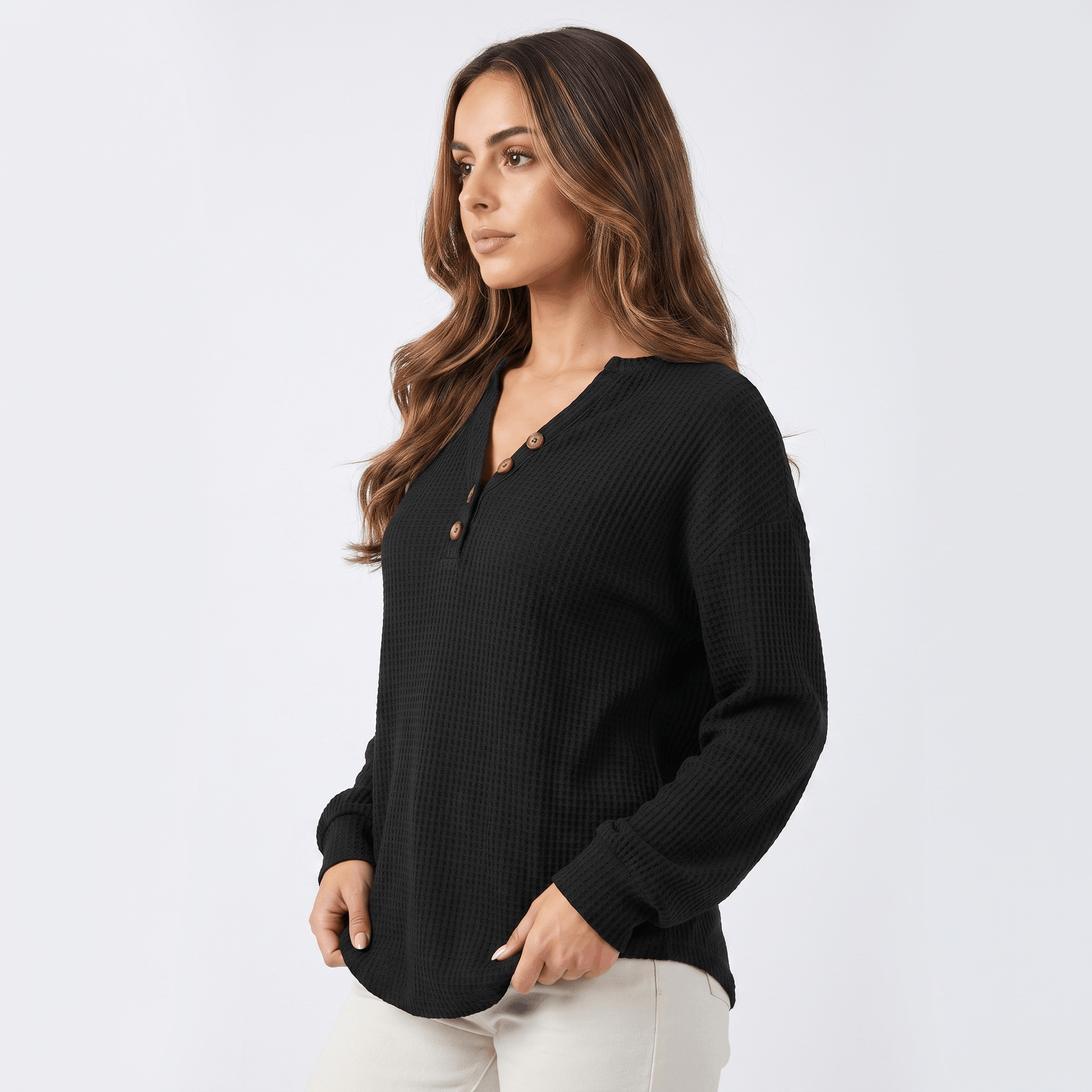 Aveline Waffle Knit Sweater – V-Neck Henley Pullover