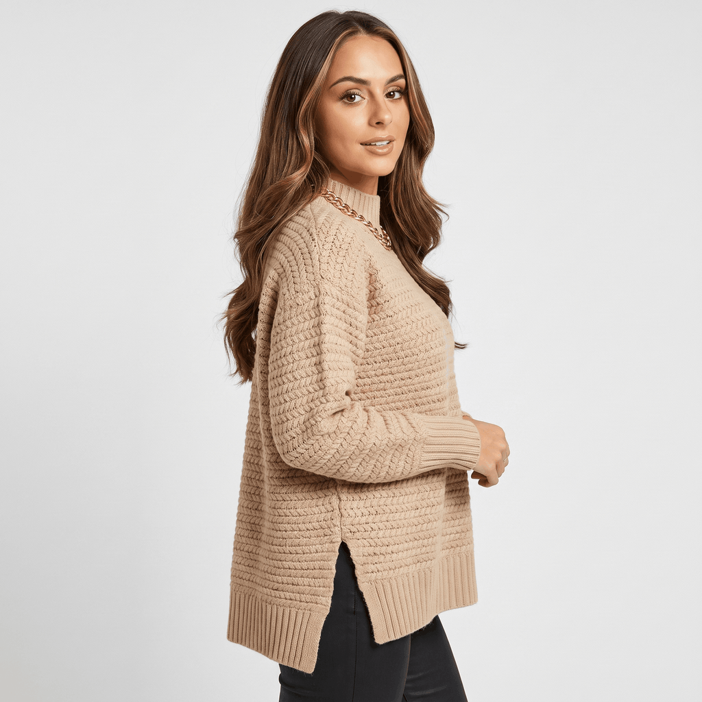 Seraphina Chunky Knit Sweater – Mock Neck Slit Pullover