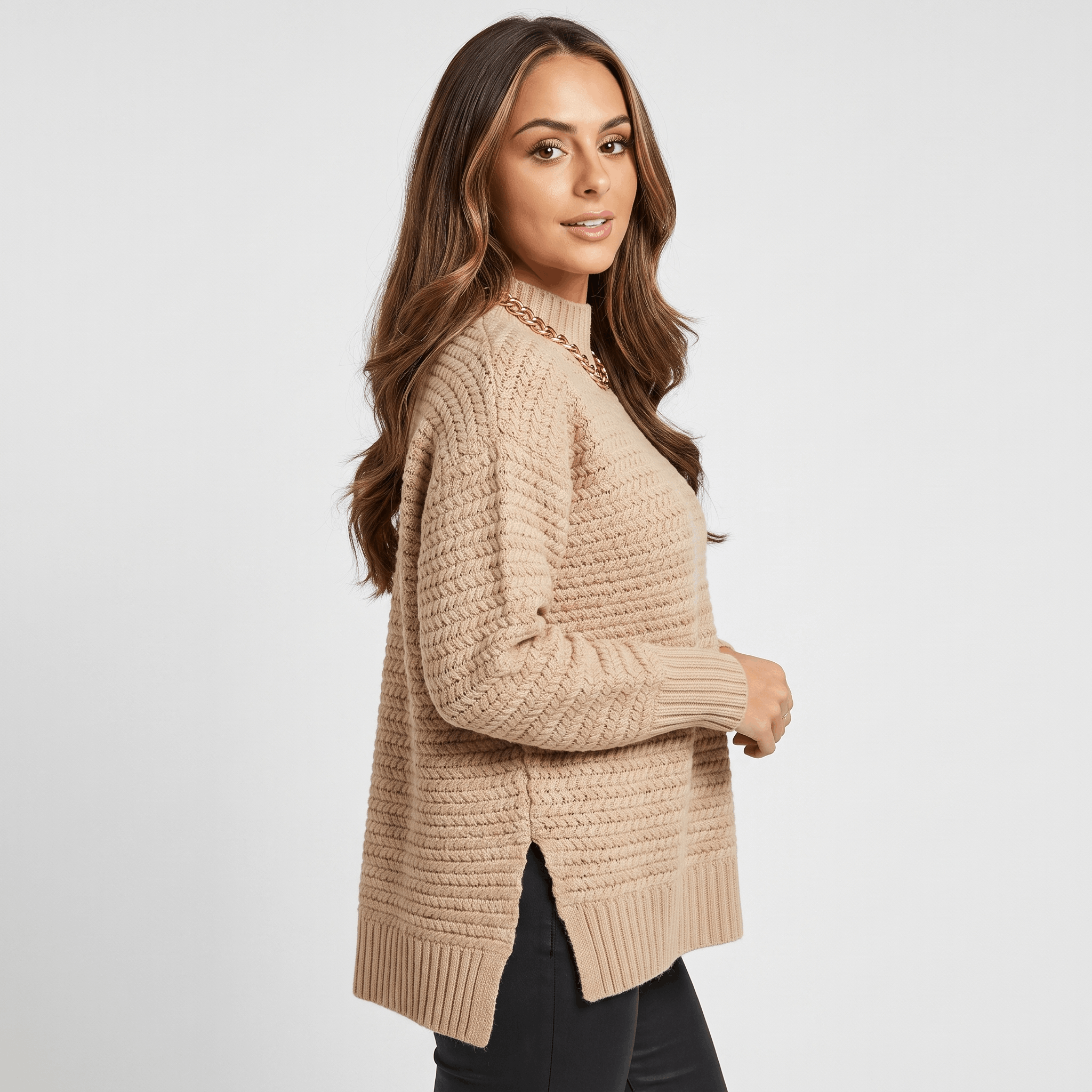 Seraphina Chunky Knit Sweater – Mock Neck Slit Pullover