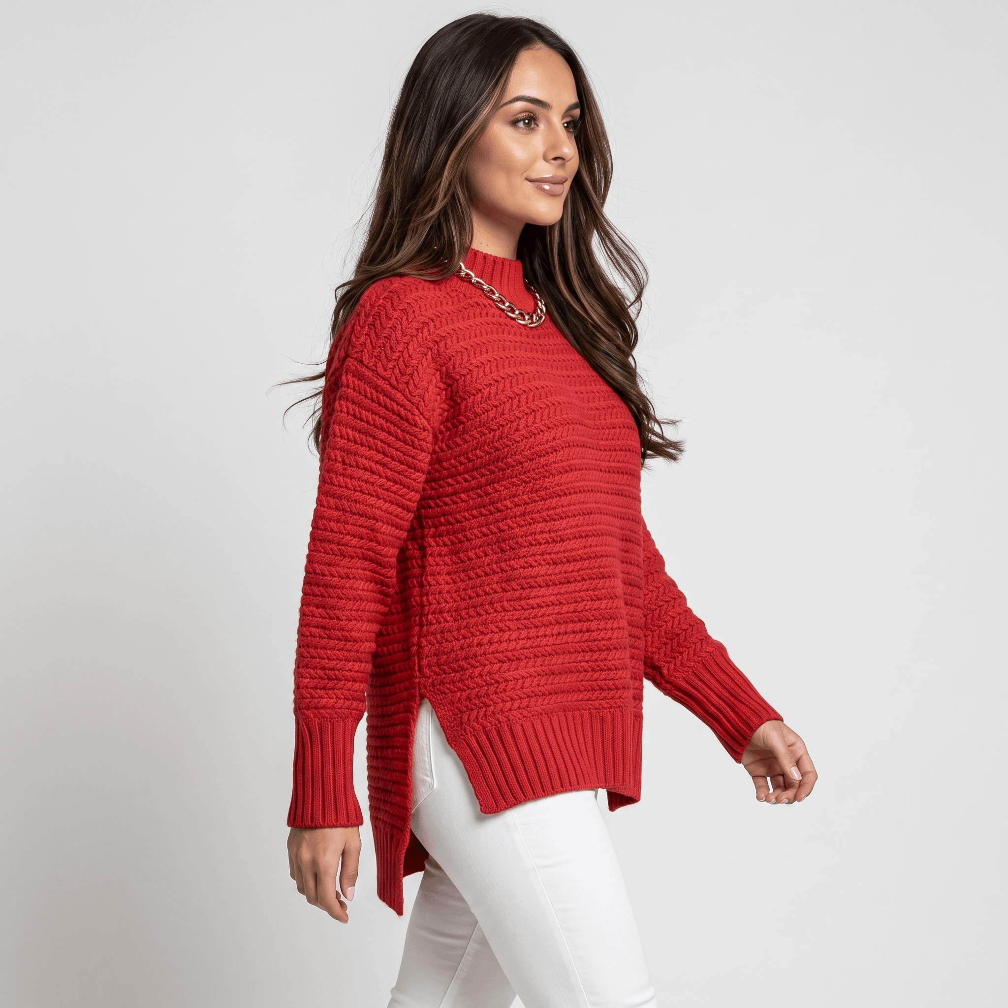 Seraphina Chunky Knit Sweater – Mock Neck Slit Pullover