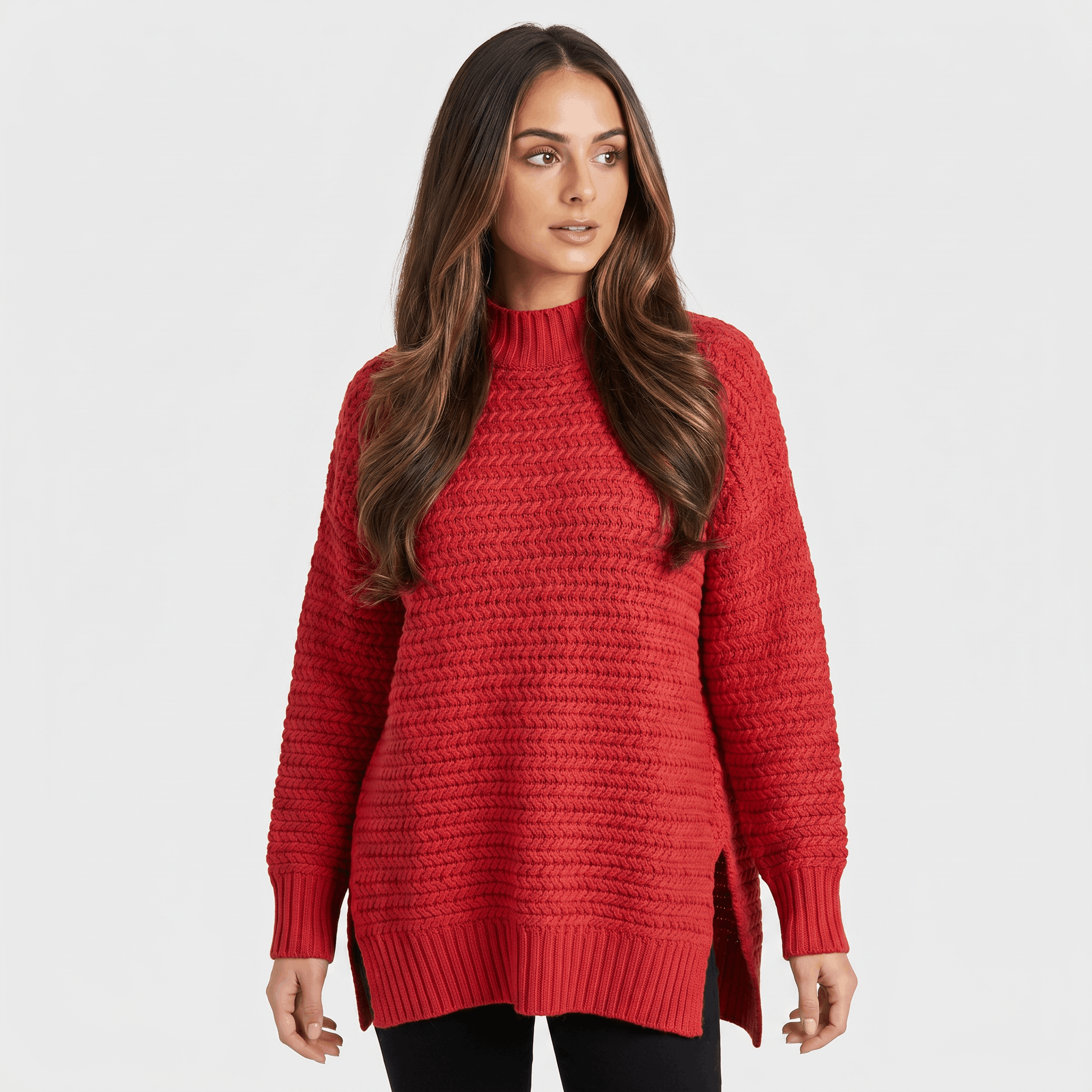 Seraphina Chunky Knit Sweater – Mock Neck Slit Pullover