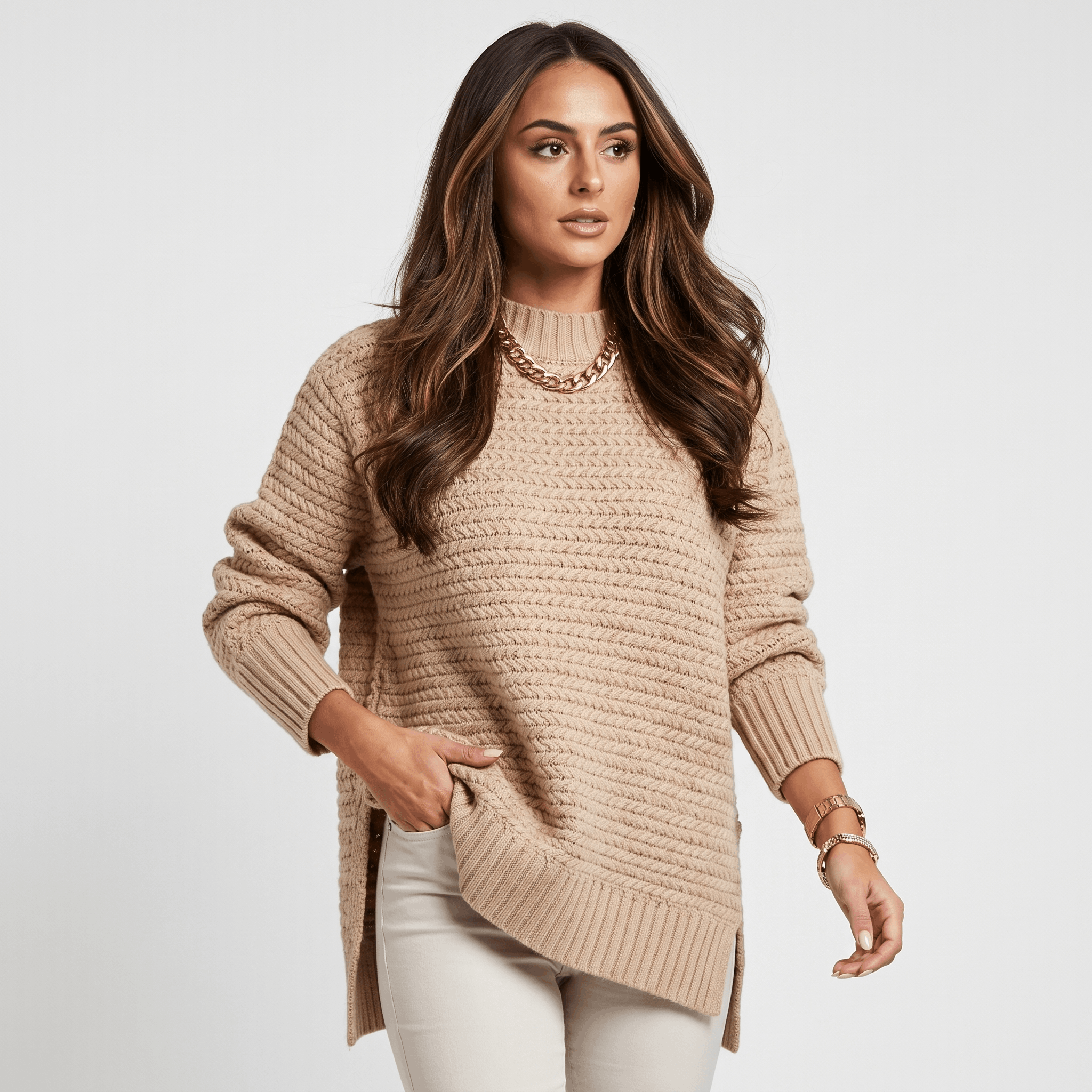 Seraphina Chunky Knit Sweater – Mock Neck Slit Pullover