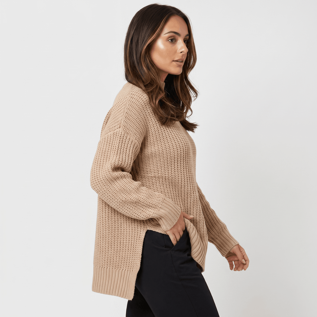 Seraphina Chunky Knit Sweater – Mock Neck Slit Pullover