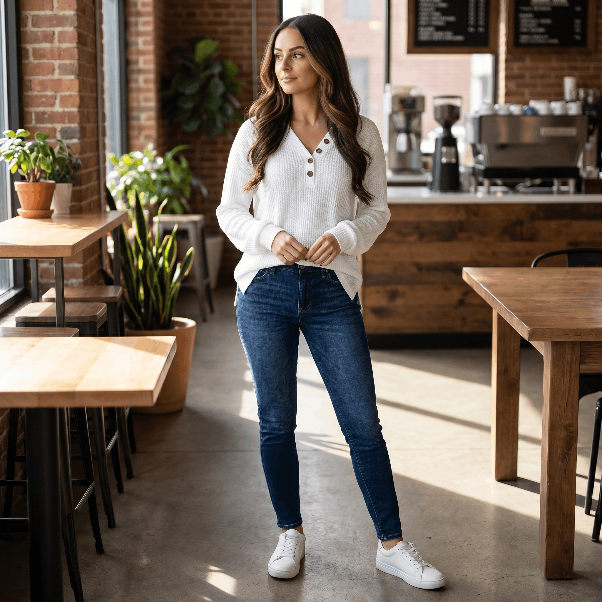 Aveline Waffle Knit Sweater – V-Neck Henley Pullover