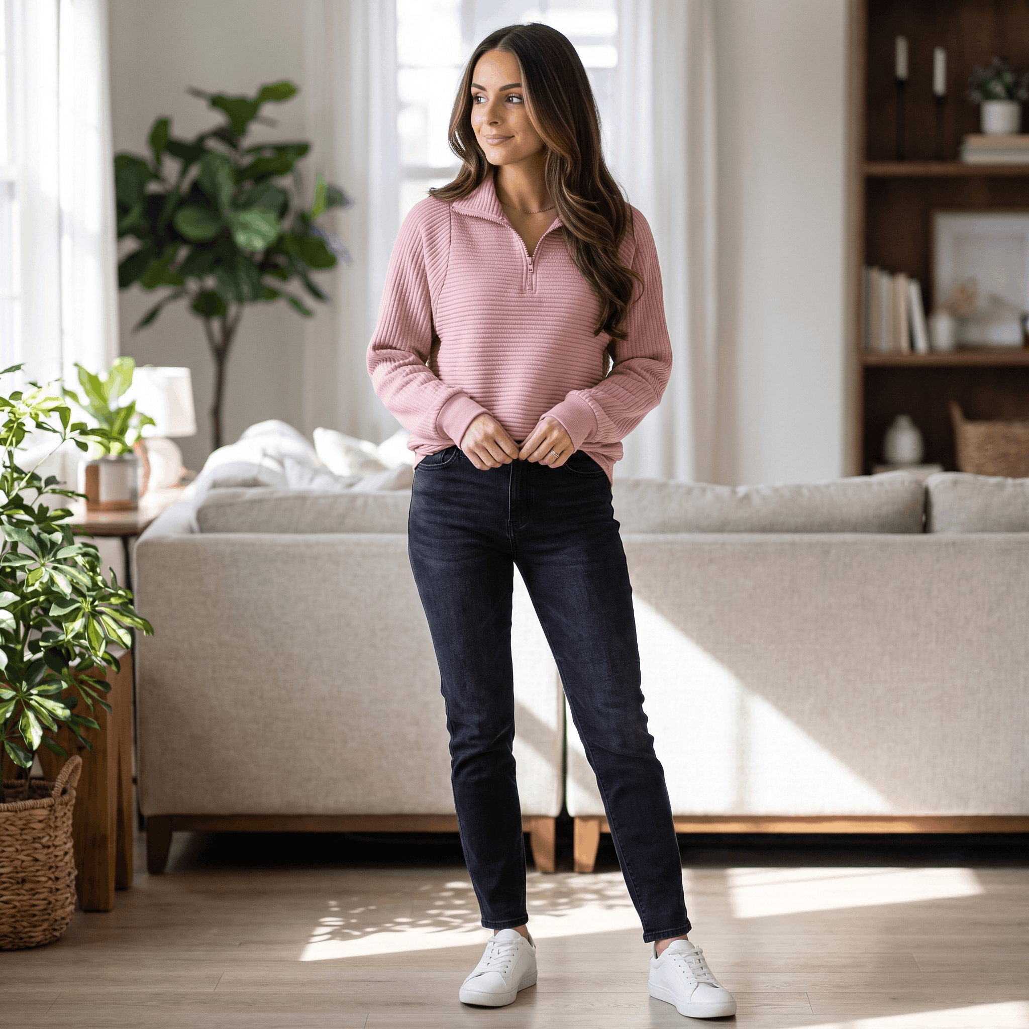 Vivienne Ribbed Knit Sweater – Quarter-Zip Stand Collar Pullover