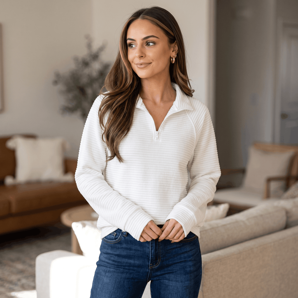 Vivienne Ribbed Knit Sweater – Quarter-Zip Stand Collar Pullover