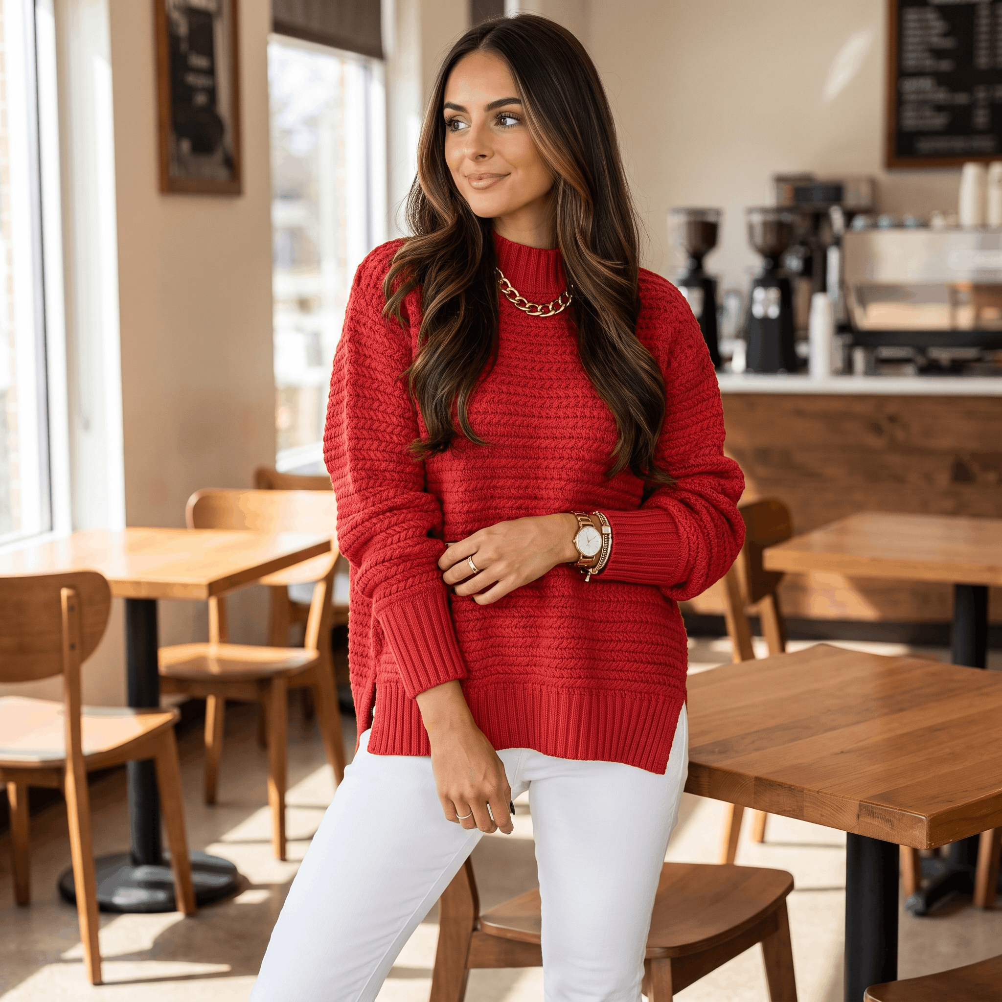 Seraphina Chunky Knit Sweater – Mock Neck Slit Pullover