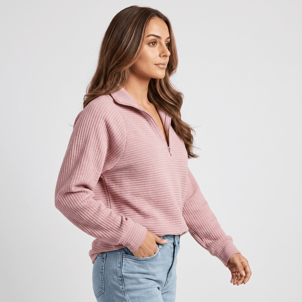 Vivienne Ribbed Knit Sweater – Quarter-Zip Stand Collar Pullover