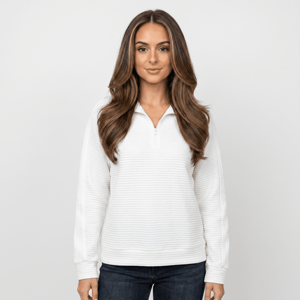Vivienne Ribbed Knit Sweater – Quarter-Zip Stand Collar Pullover