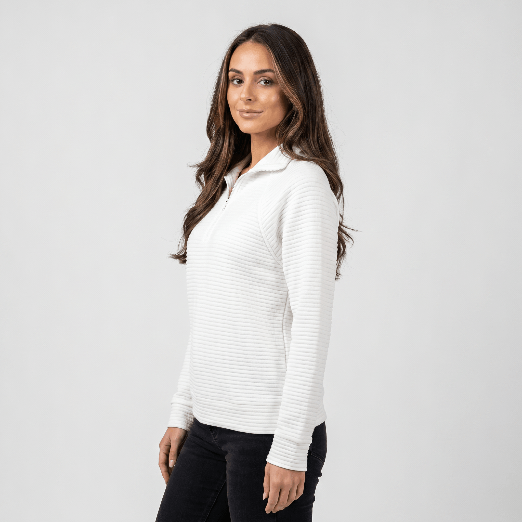 Vivienne Ribbed Knit Sweater – Quarter-Zip Stand Collar Pullover