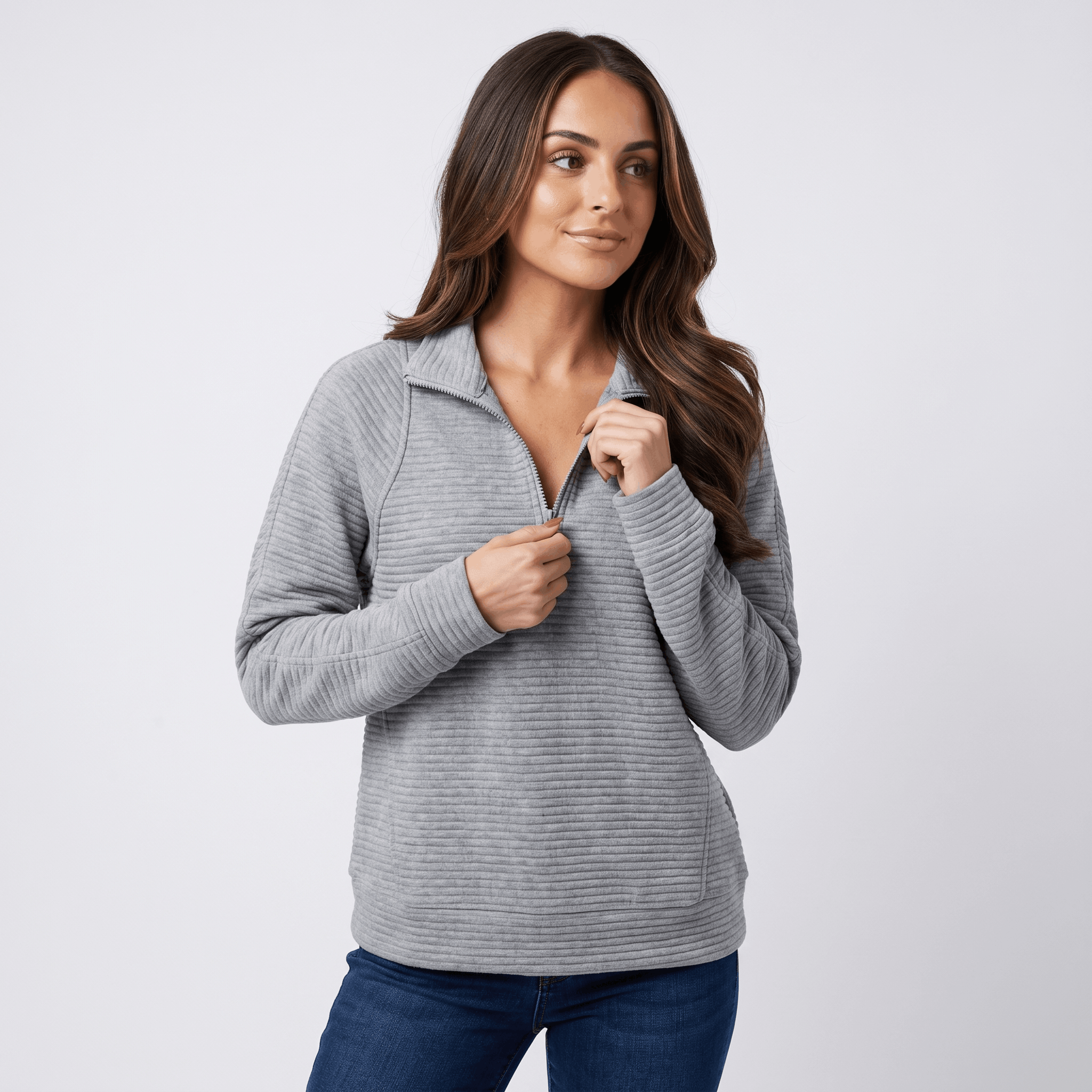 Vivienne Ribbed Knit Sweater – Quarter-Zip Stand Collar Pullover