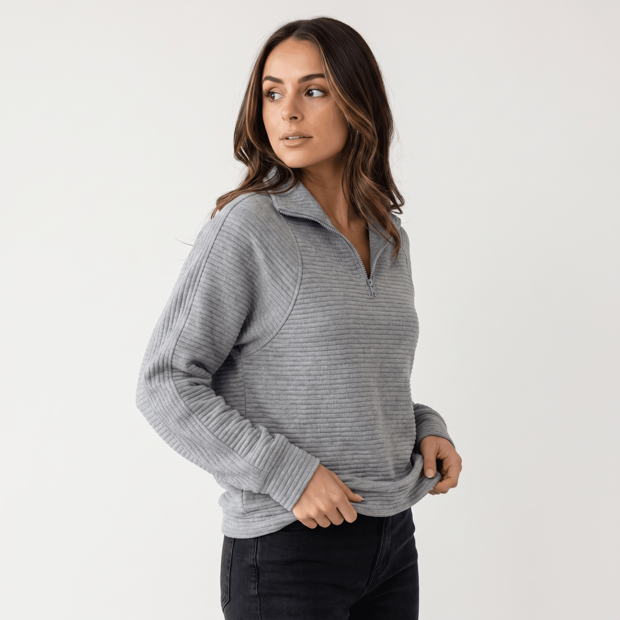 Vivienne Ribbed Knit Sweater – Quarter-Zip Stand Collar Pullover