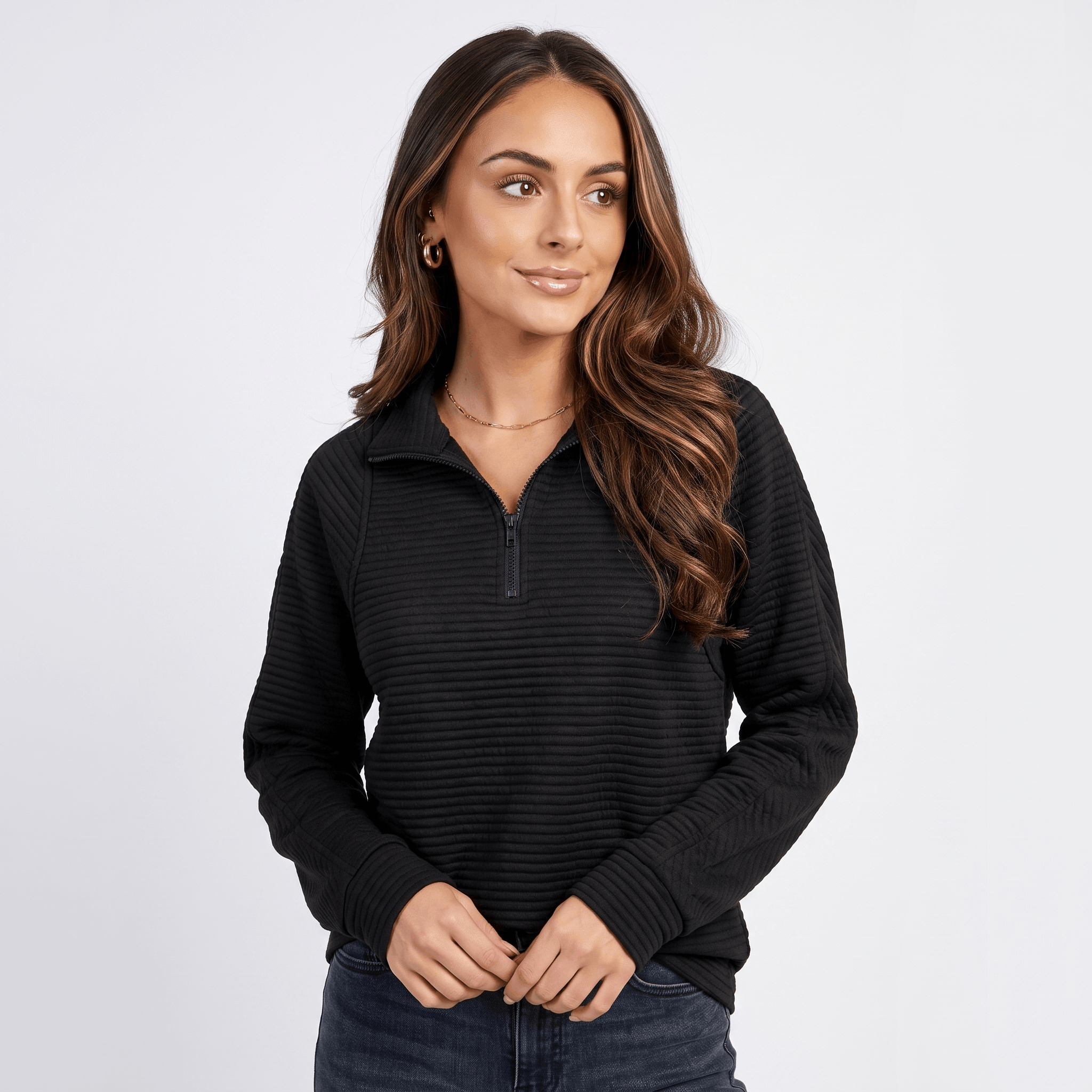 Vivienne Ribbed Knit Sweater – Quarter-Zip Stand Collar Pullover