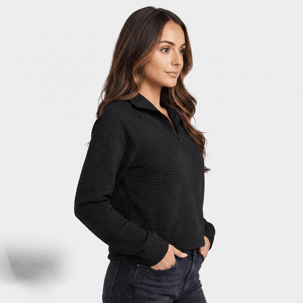 Vivienne Ribbed Knit Sweater – Quarter-Zip Stand Collar Pullover