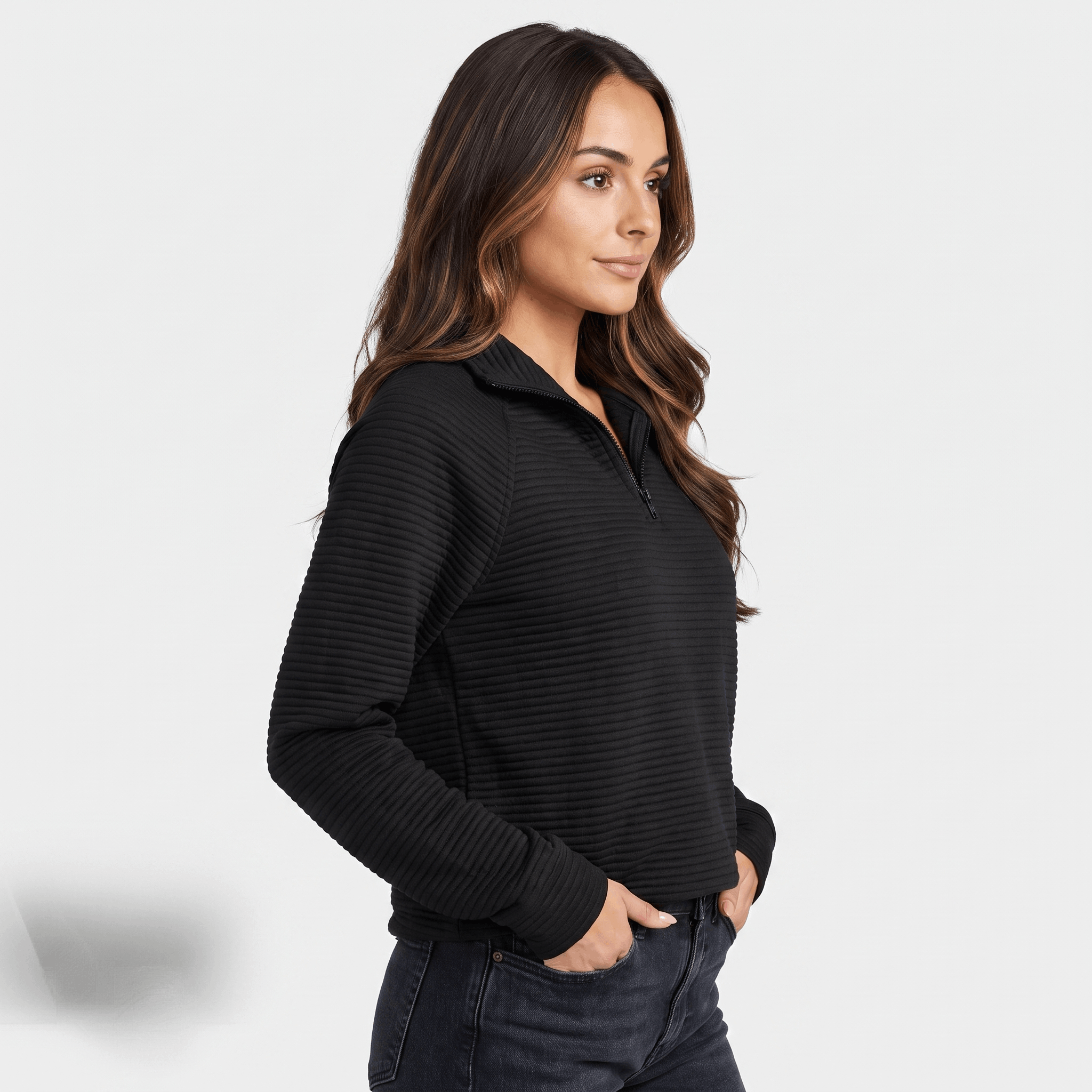 Vivienne Ribbed Knit Sweater – Quarter-Zip Stand Collar Pullover