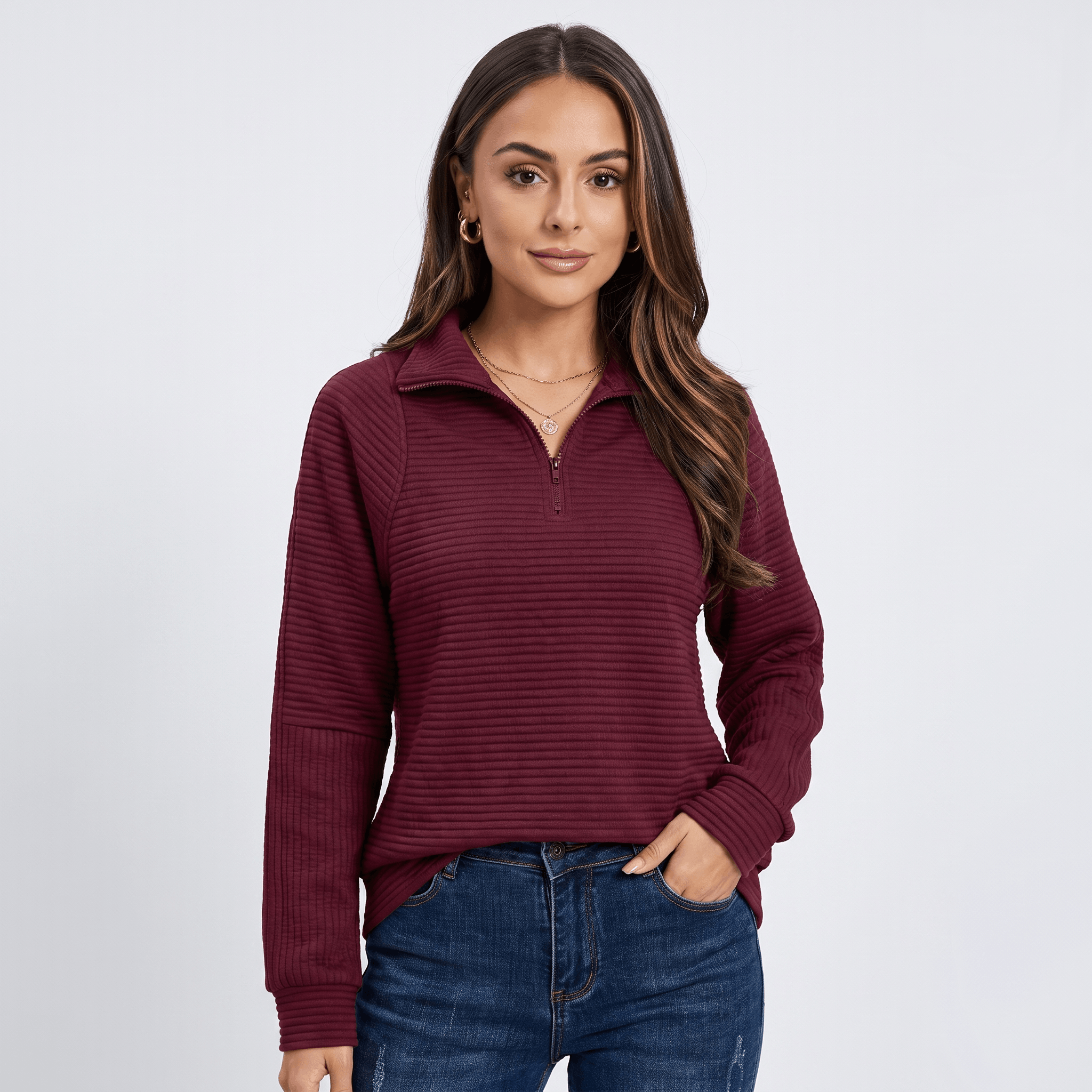 Vivienne Ribbed Knit Sweater – Quarter-Zip Stand Collar Pullover