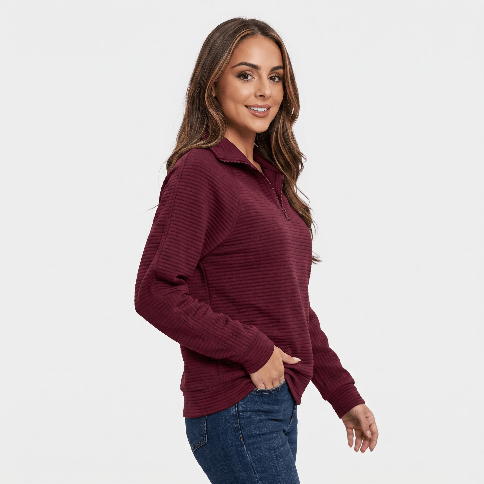 Vivienne Ribbed Knit Sweater – Quarter-Zip Stand Collar Pullover
