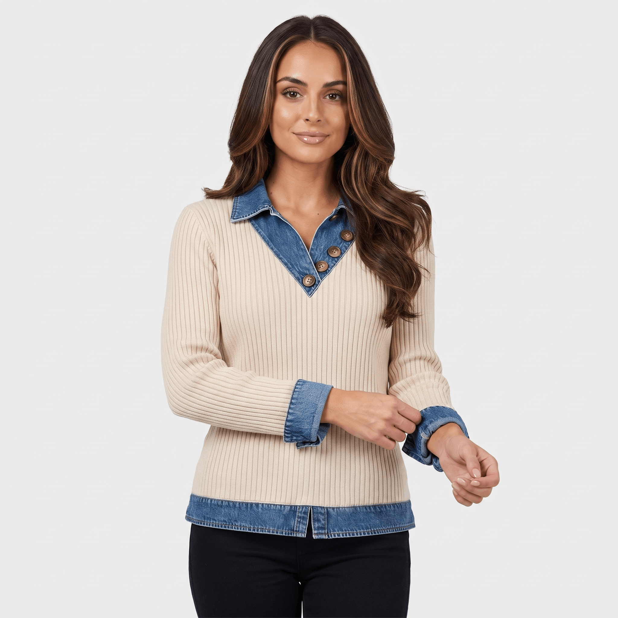 Marigold Ribbed Knit Sweater – Denim Collar Button V-Neck Top