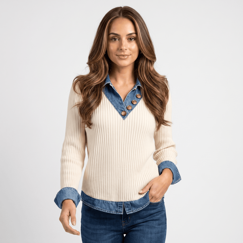 Marigold Ribbed Knit Sweater – Denim Collar Button V-Neck Top