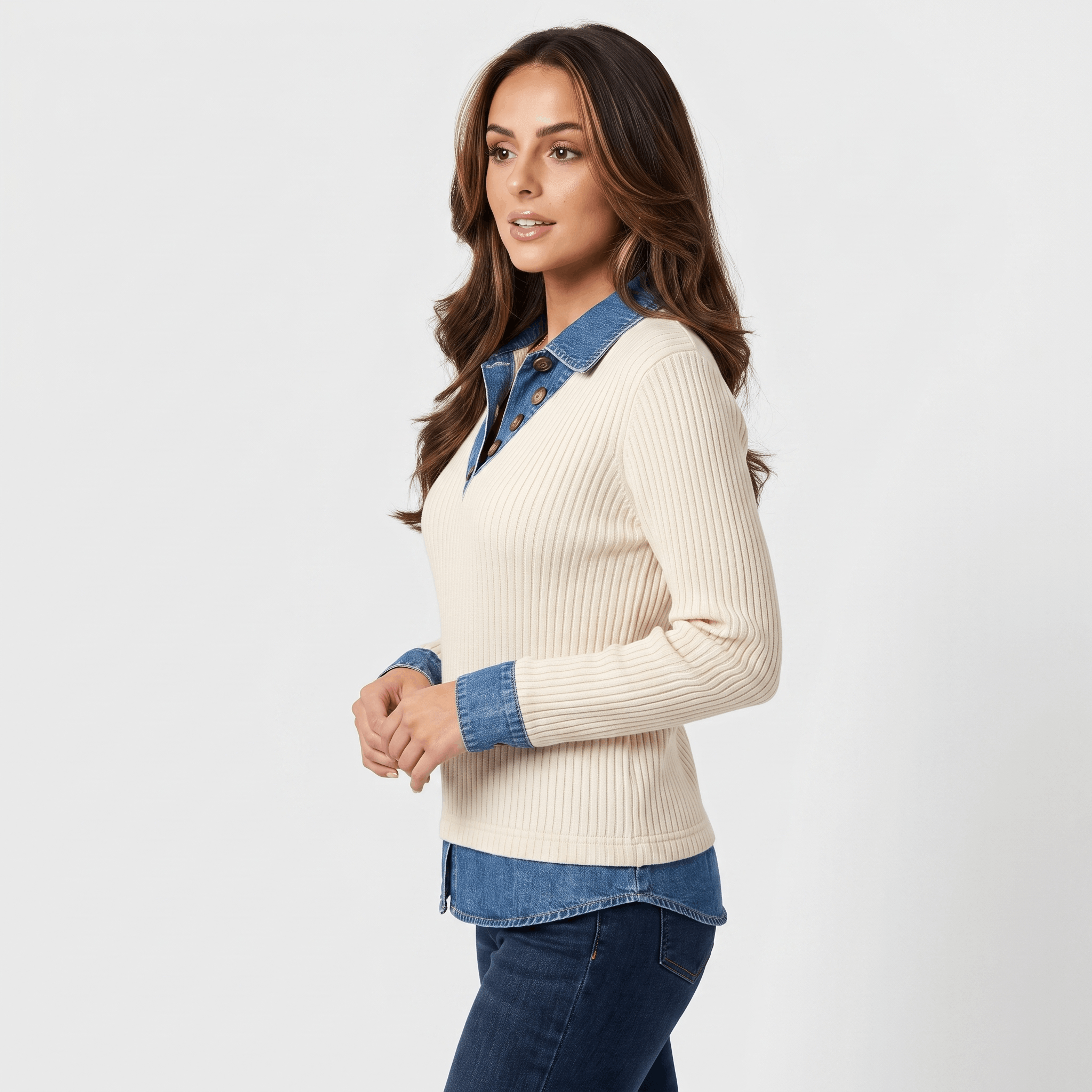 Marigold Ribbed Knit Sweater – Denim Collar Button V-Neck Top