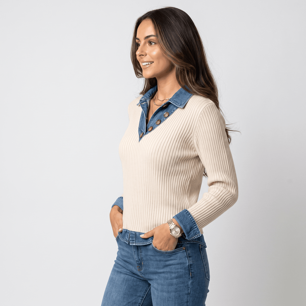 Marigold Ribbed Knit Sweater – Denim Collar Button V-Neck Top