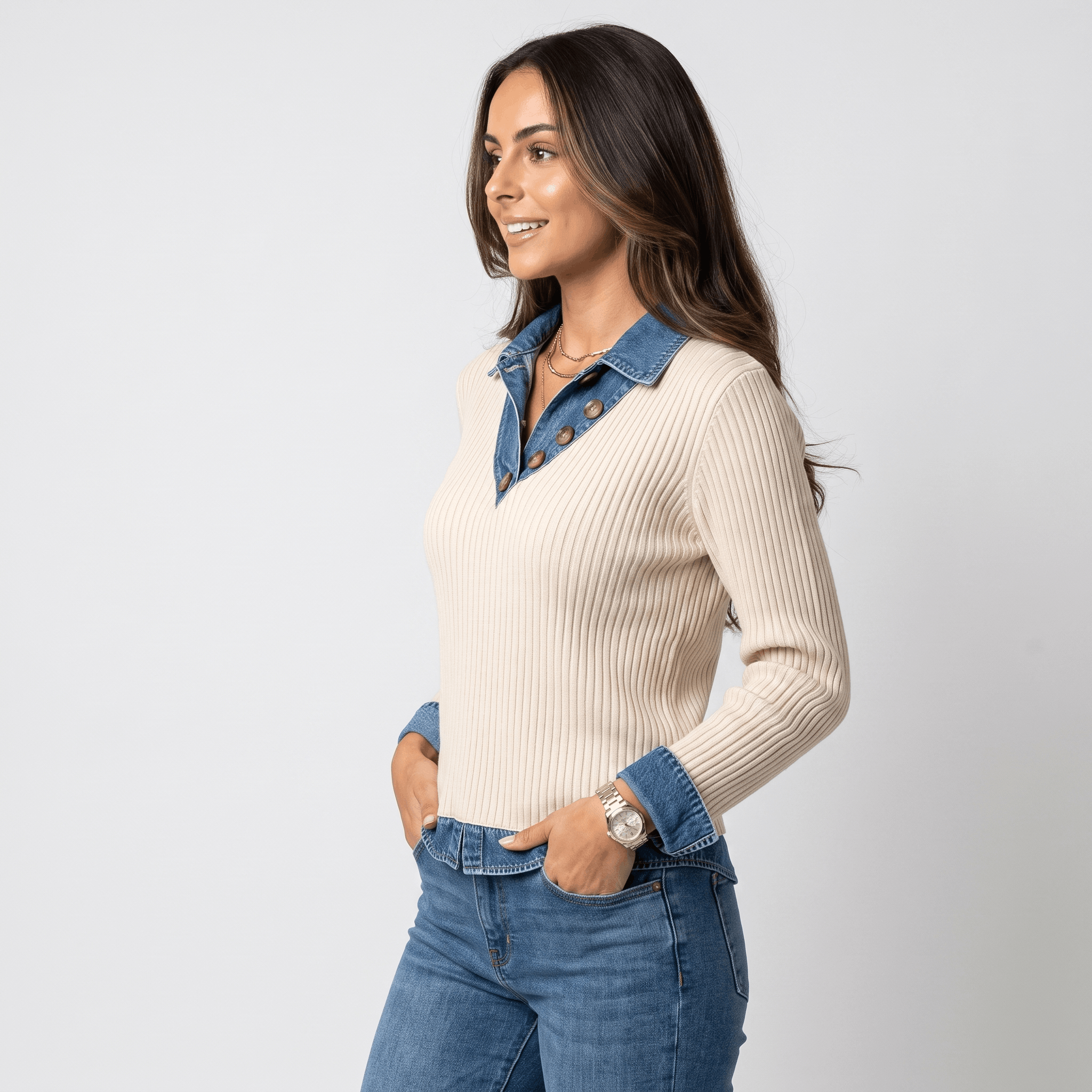 Marigold Ribbed Knit Sweater – Denim Collar Button V-Neck Top