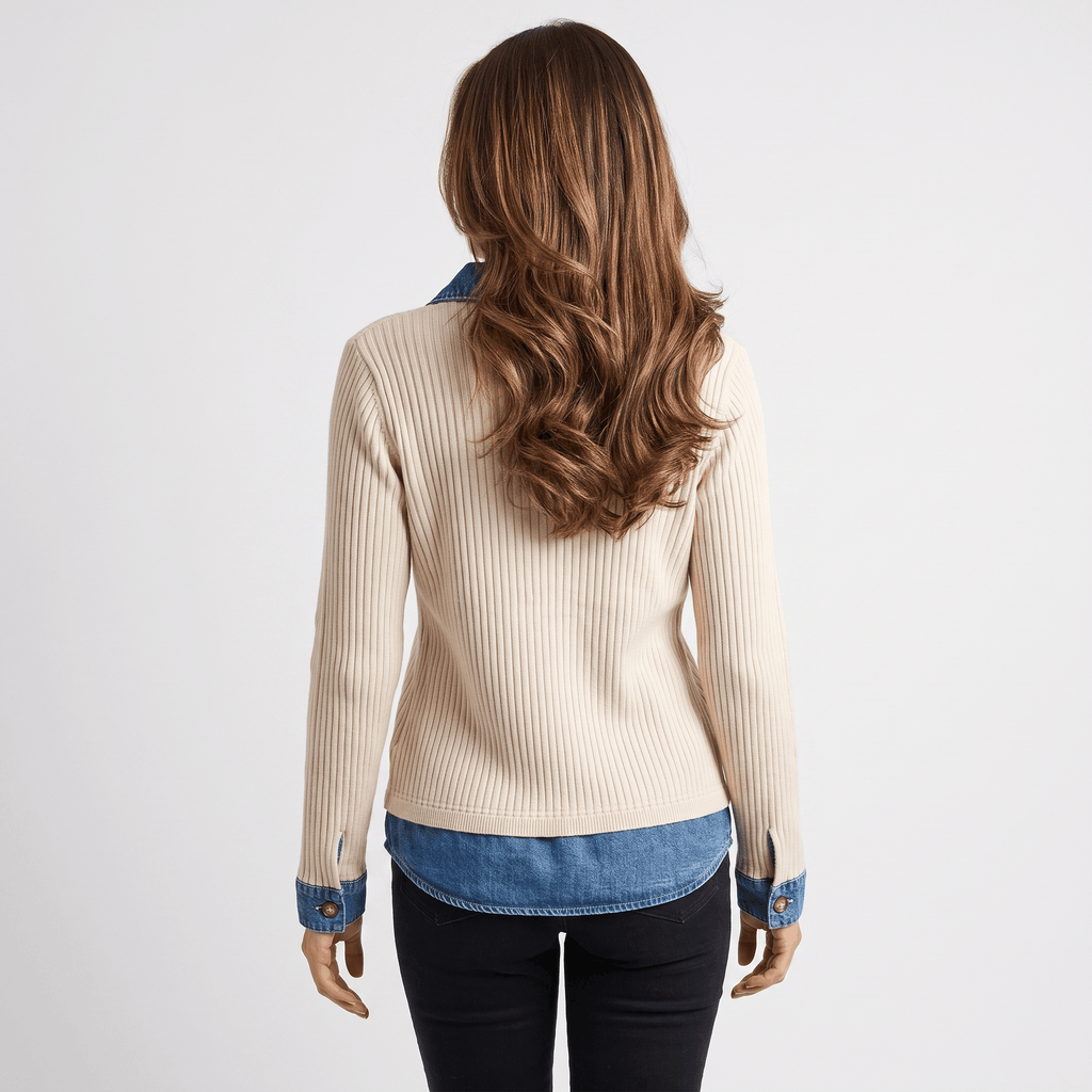 Marigold Ribbed Knit Sweater – Denim Collar Button V-Neck Top