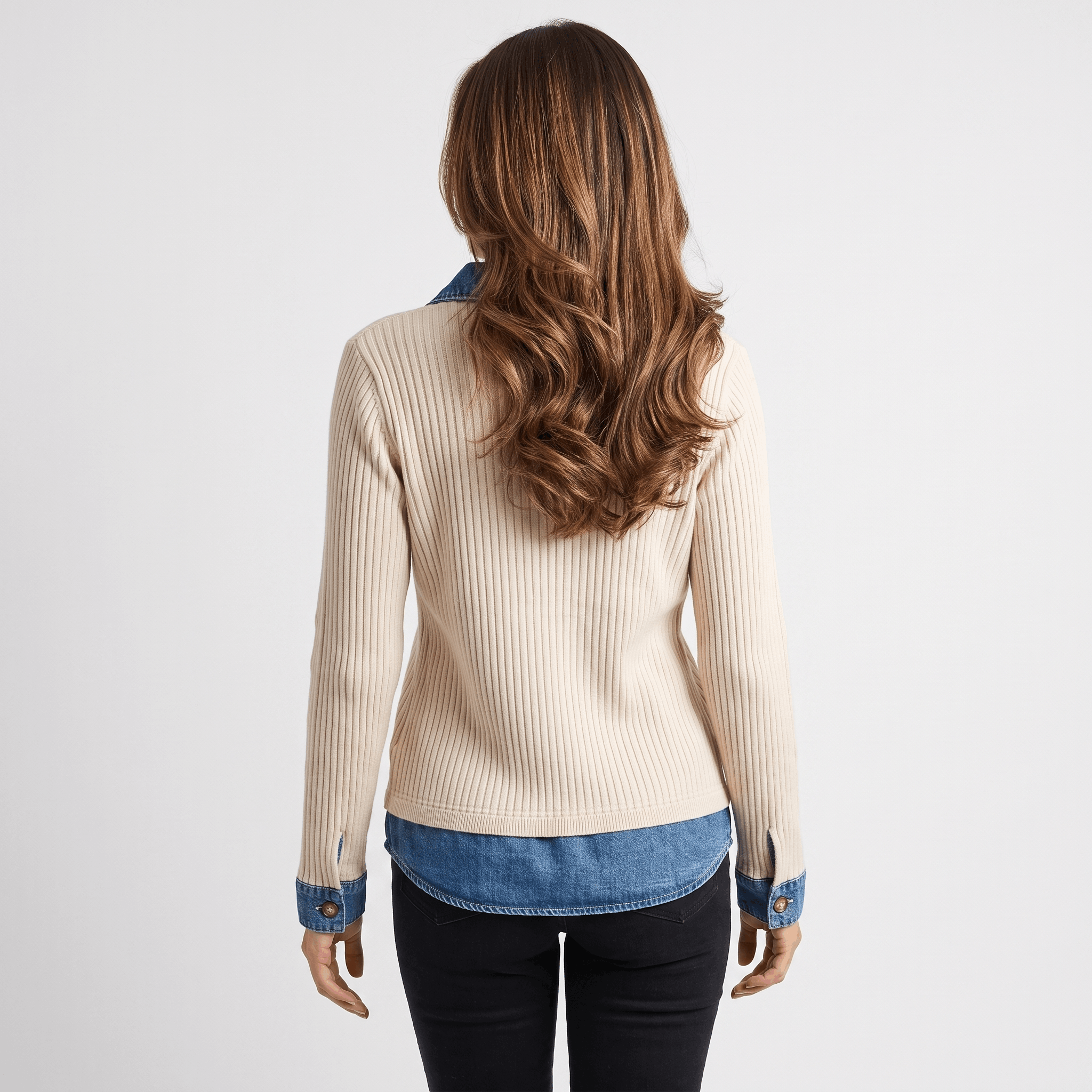 Marigold Ribbed Knit Sweater – Denim Collar Button V-Neck Top