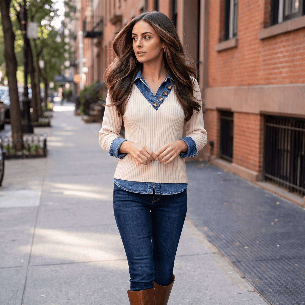 Marigold Ribbed Knit Sweater – Denim Collar Button V-Neck Top