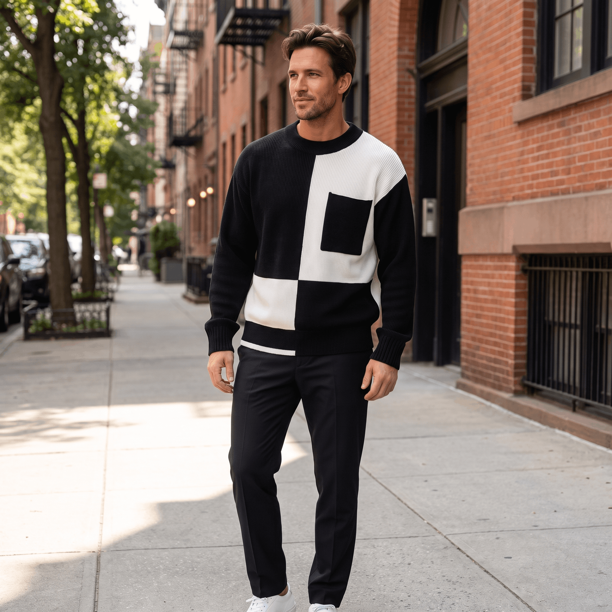 Kenneth Ribbed Knit Sweater – Geometric Color Block Pullover