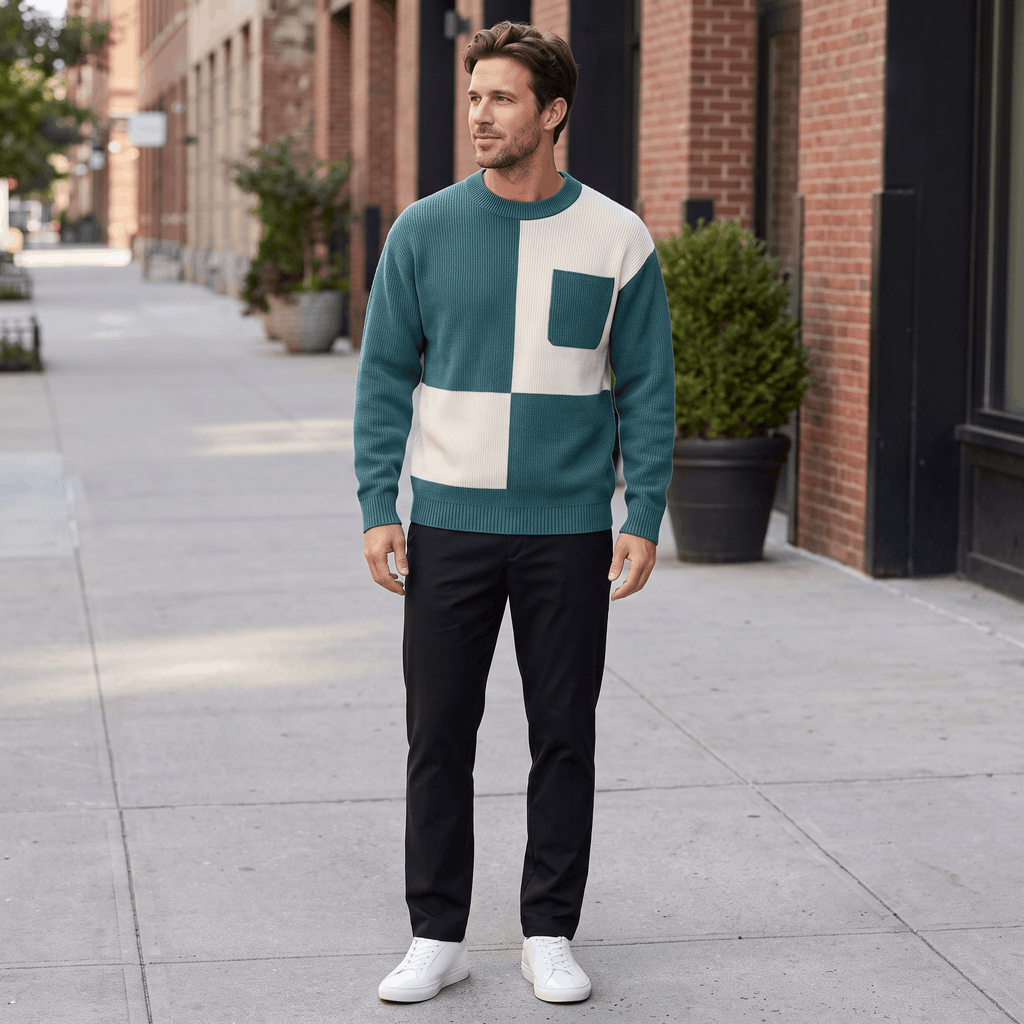 Kenneth Ribbed Knit Sweater – Geometric Color Block Pullover