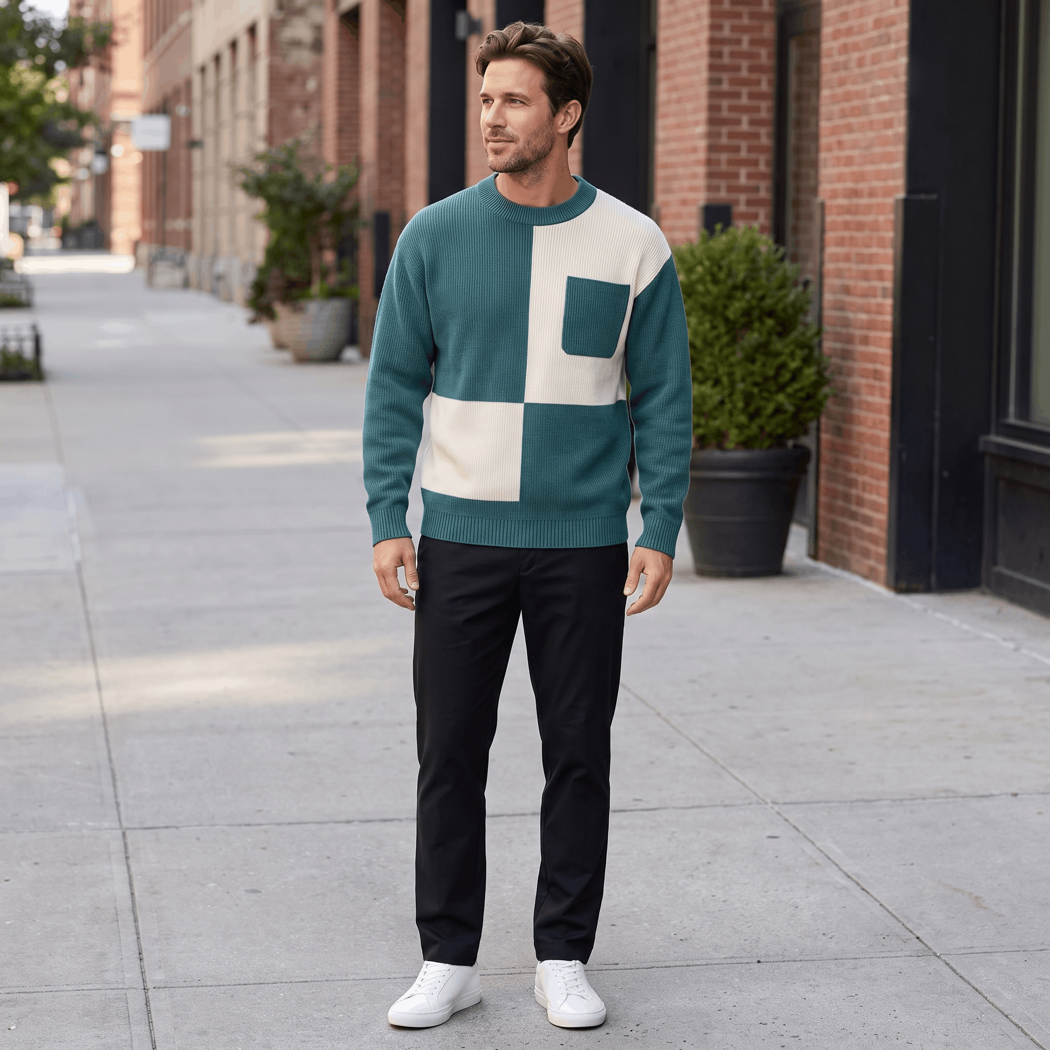 Kenneth Ribbed Knit Sweater – Geometric Color Block Pullover